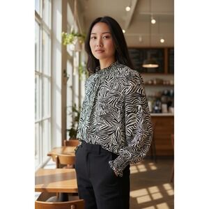 Sanctuary Zebra Print Mock Neck Smocked Cuff Blouse Women's M Black White